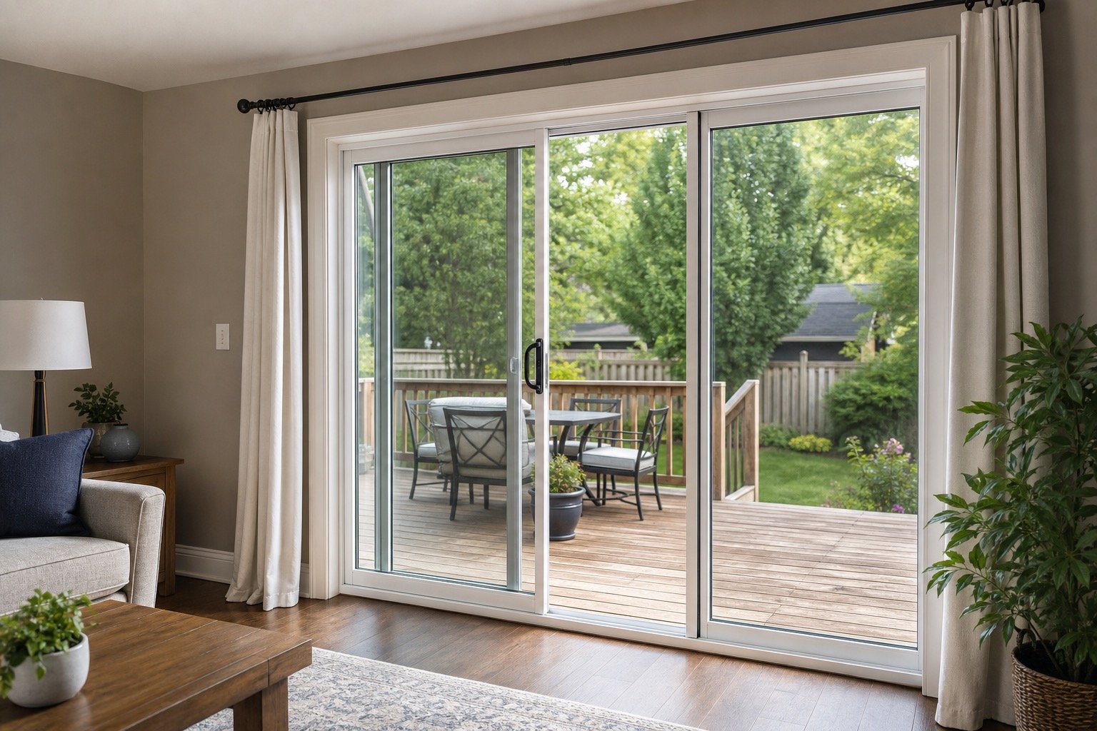 Two-panel white sliding patio door opening to a backyard