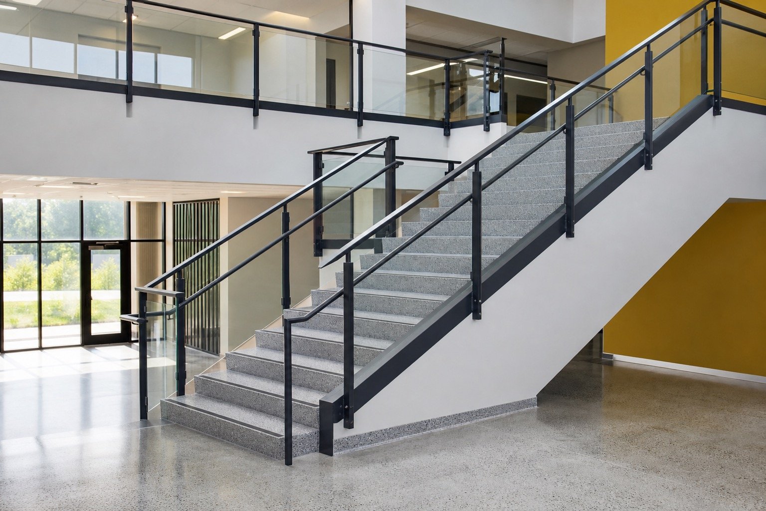 Commercial interior with a measured glass stair and railing system