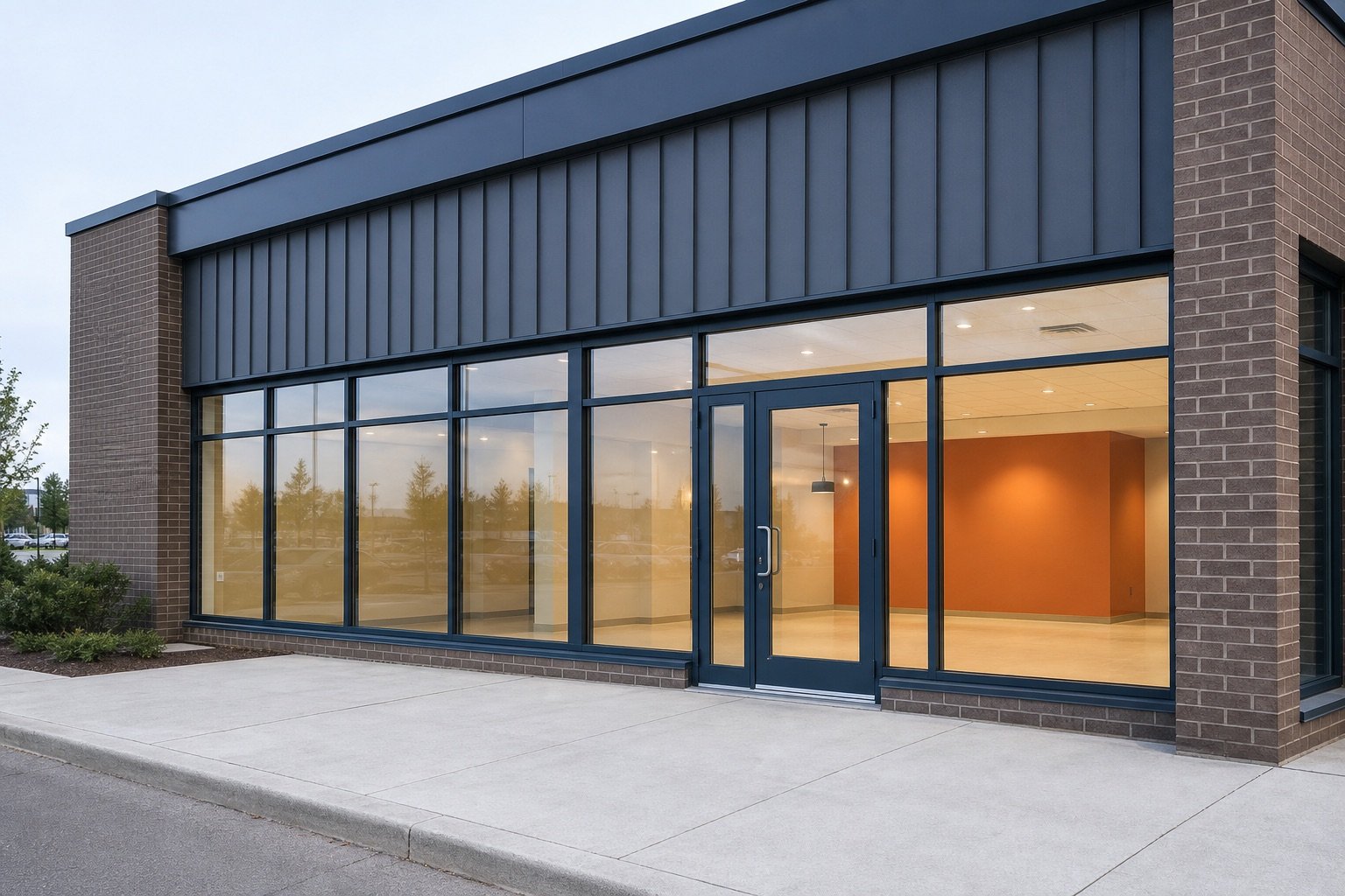 Commercial storefront entrance with aluminum framing