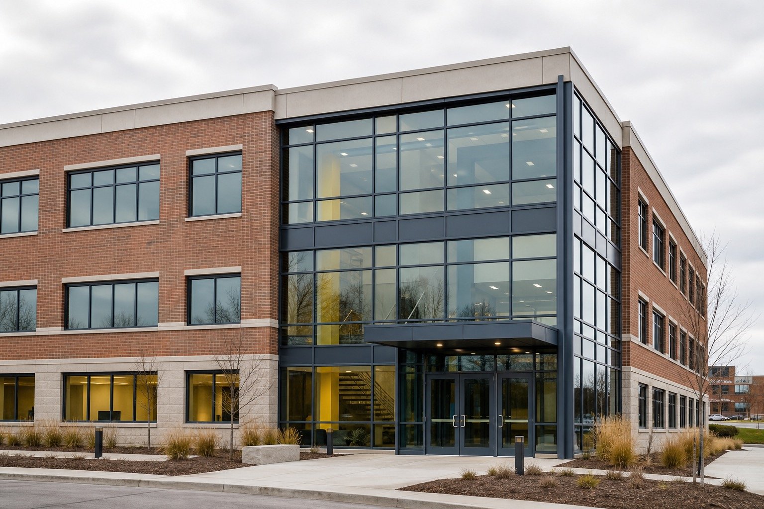 Low-rise commercial building with coordinated exterior glazing