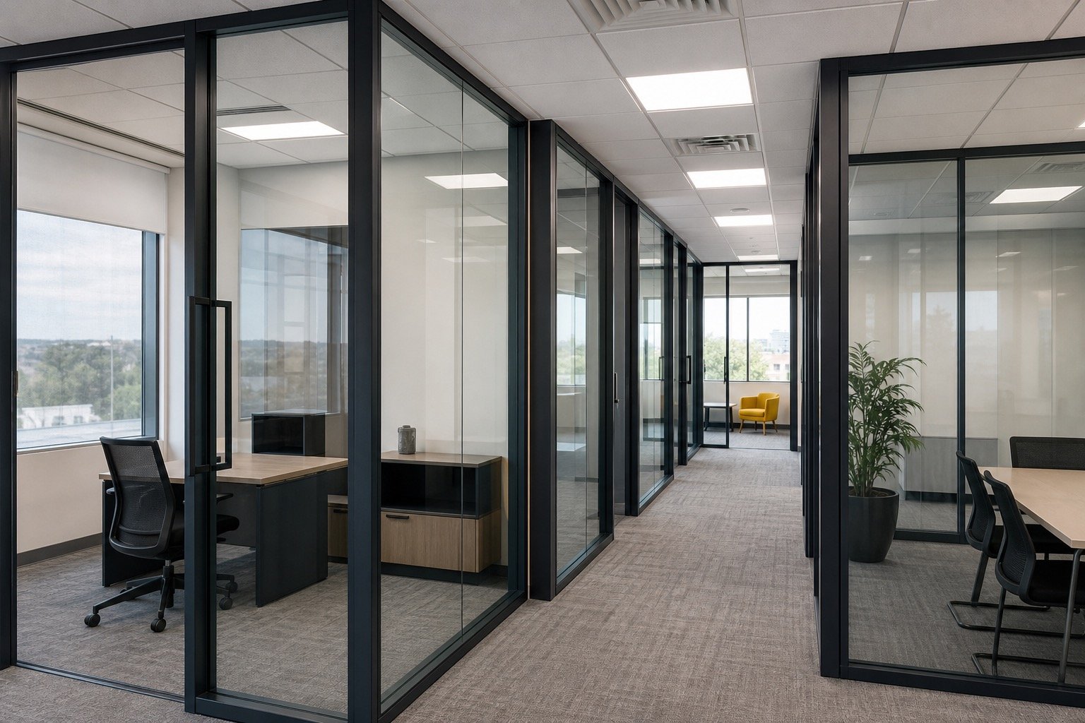 Frameless glass office partitions and door