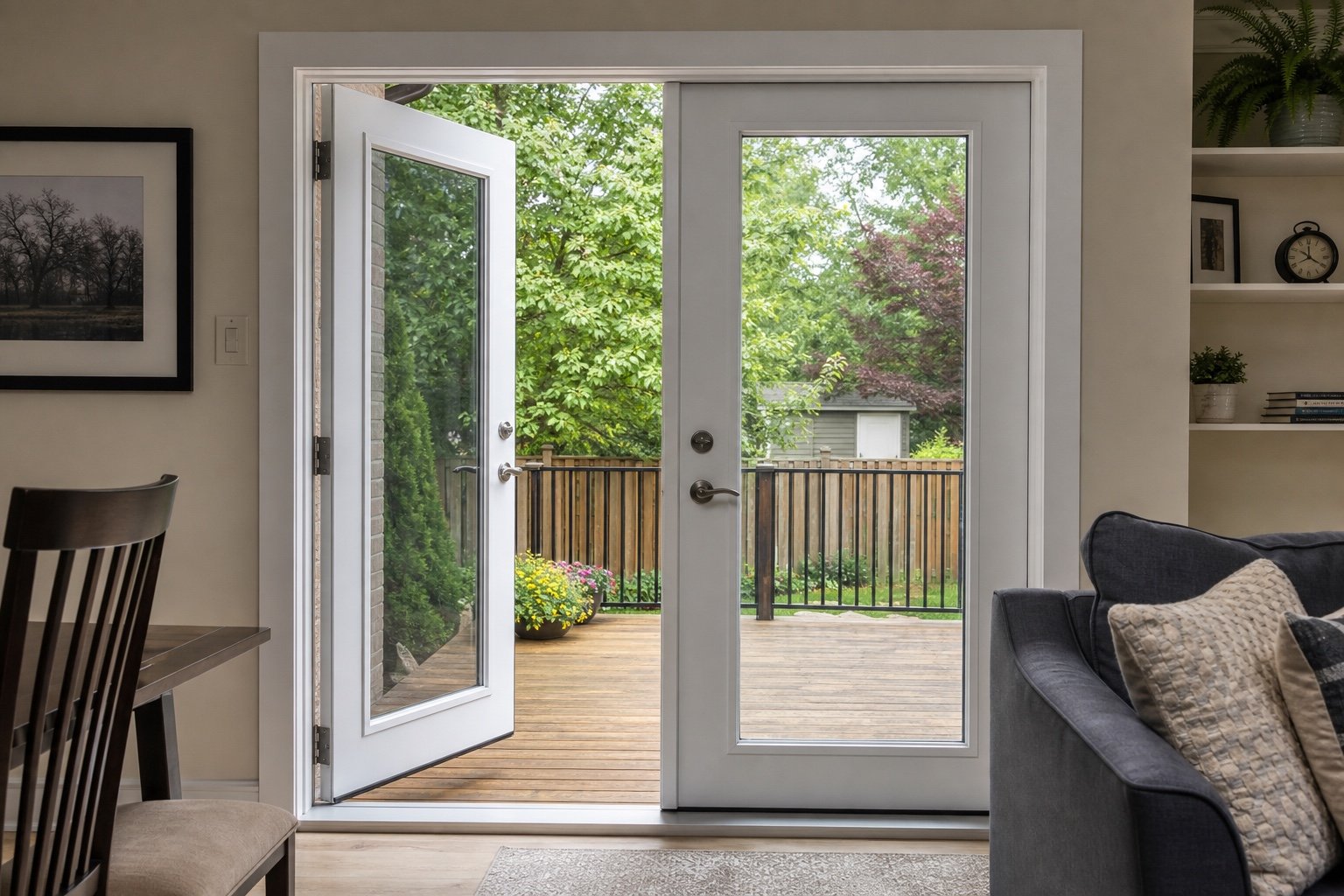 Two-panel garden door with one active hinged panel
