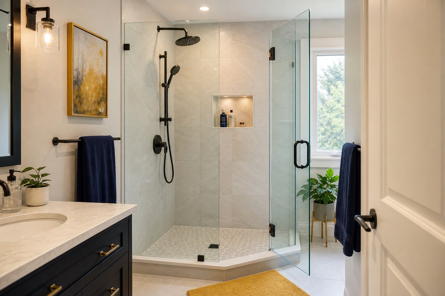 Completed frameless shower enclosure viewed from the bathroom doorway
