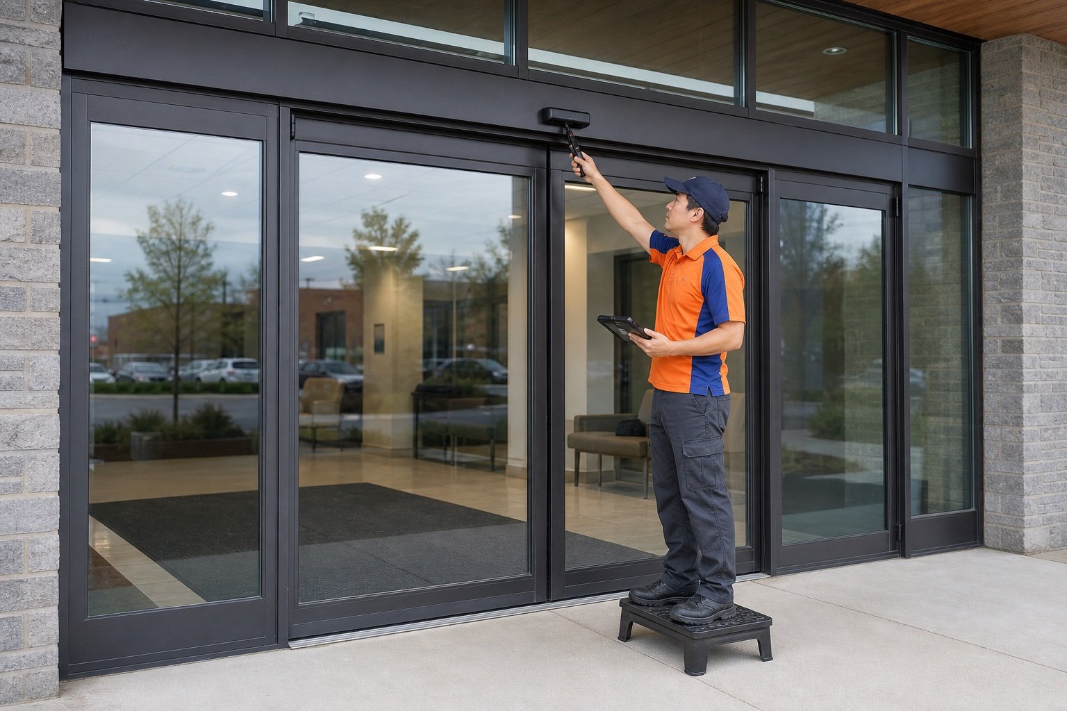 Commercial entrance being checked during an urgent service visit