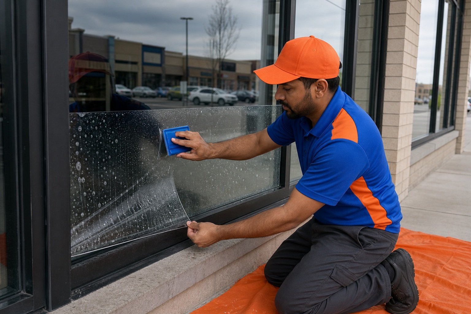 Commercial window film being applied with orange and blue tools