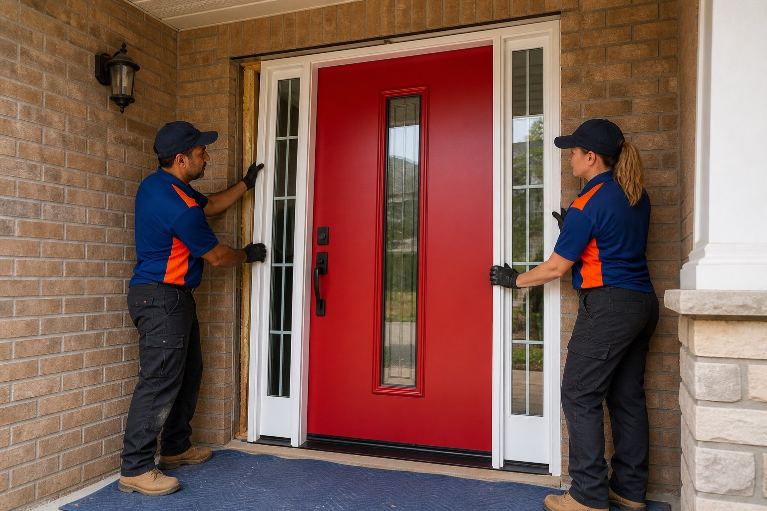Brampton technicians aligning a bright red entry door with white sidelights