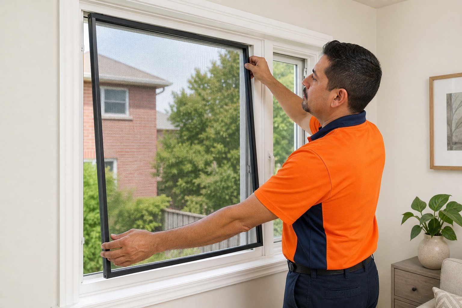Window screen being checked for fit at a Brampton home