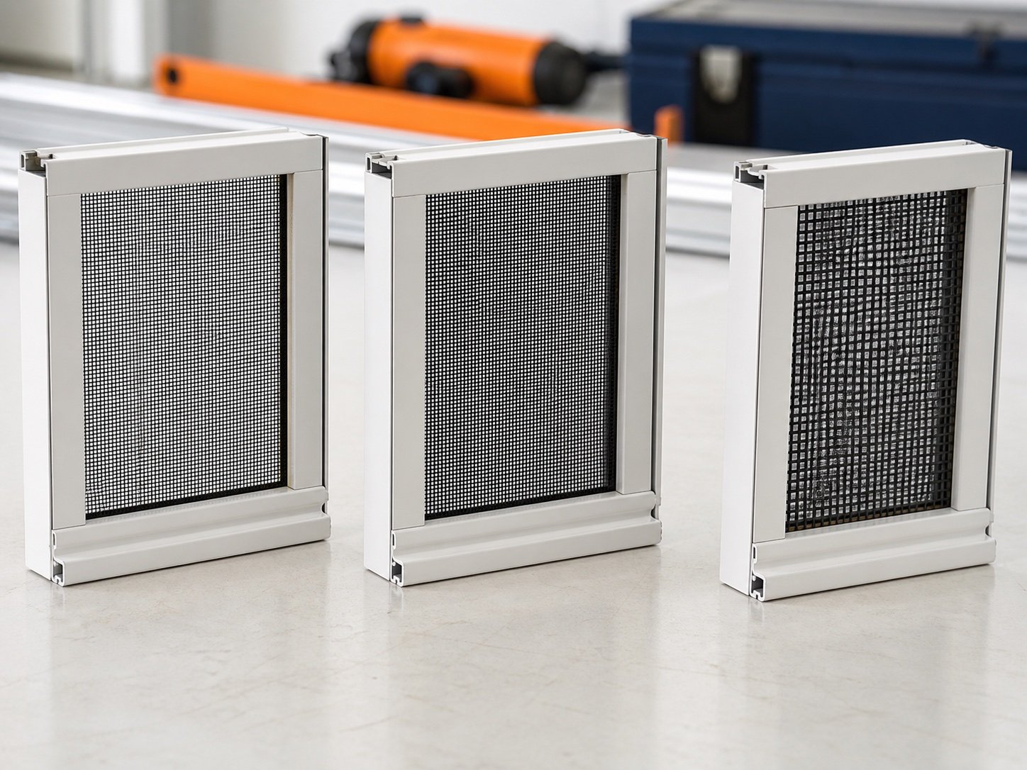 New charcoal screen mesh samples in white frames