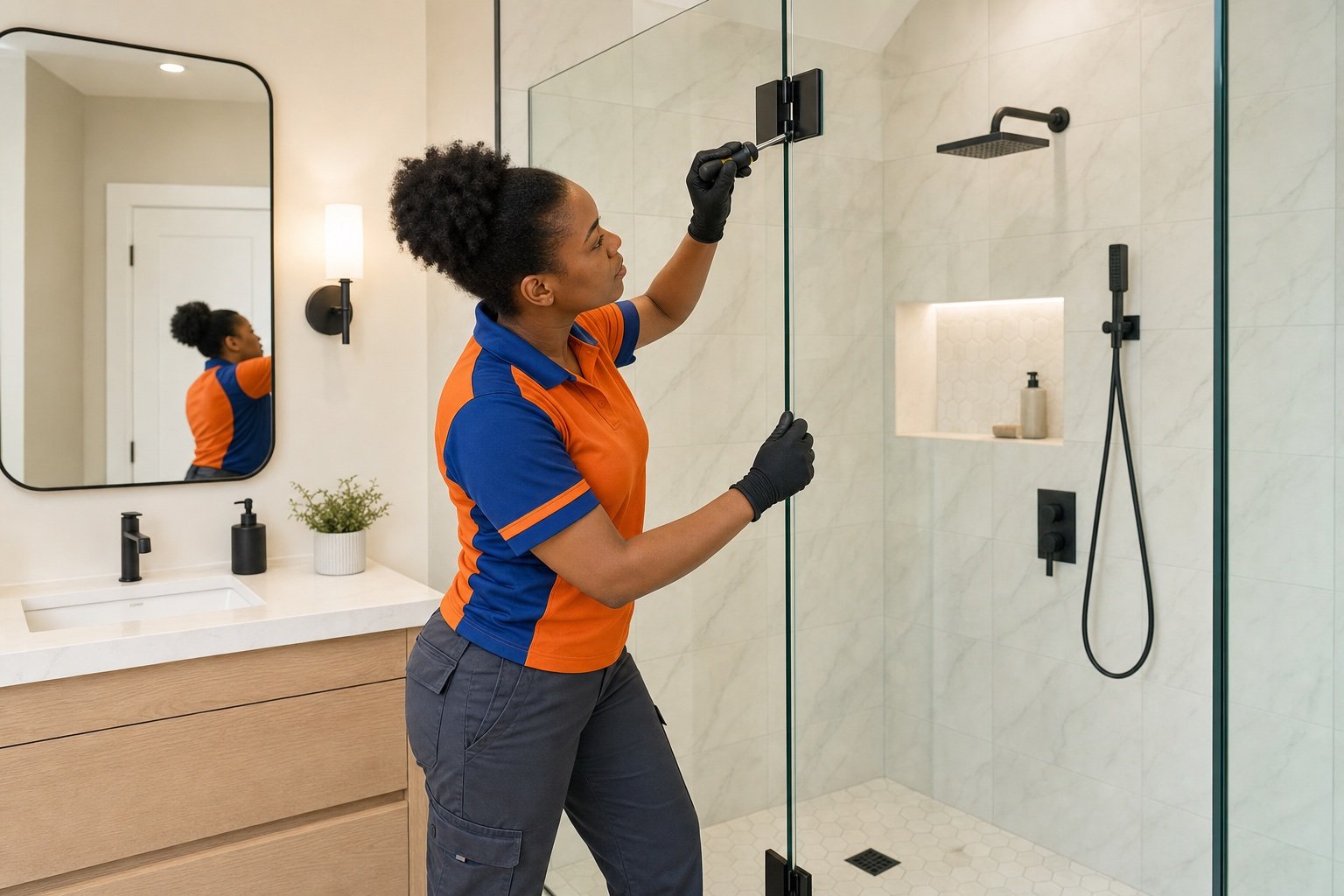 Technician adjusting shower-door hinge hardware
