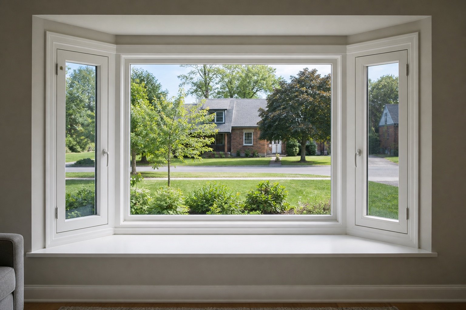 Bay window with fixed centre glass and casement side windows