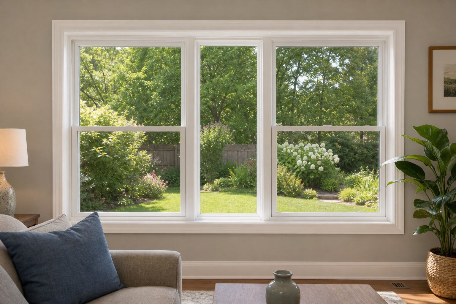 White horizontal sliding window in a family room
