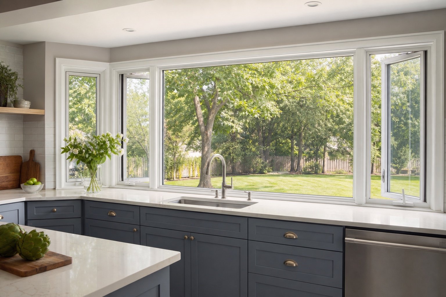 Completed white replacement window above a kitchen counter