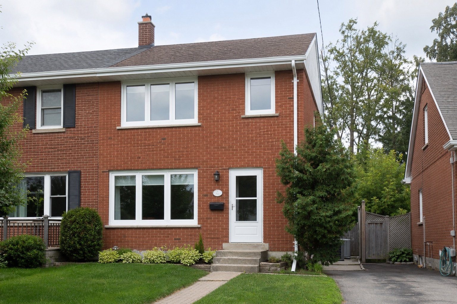 Finished white windows aligned across a brick home exterior