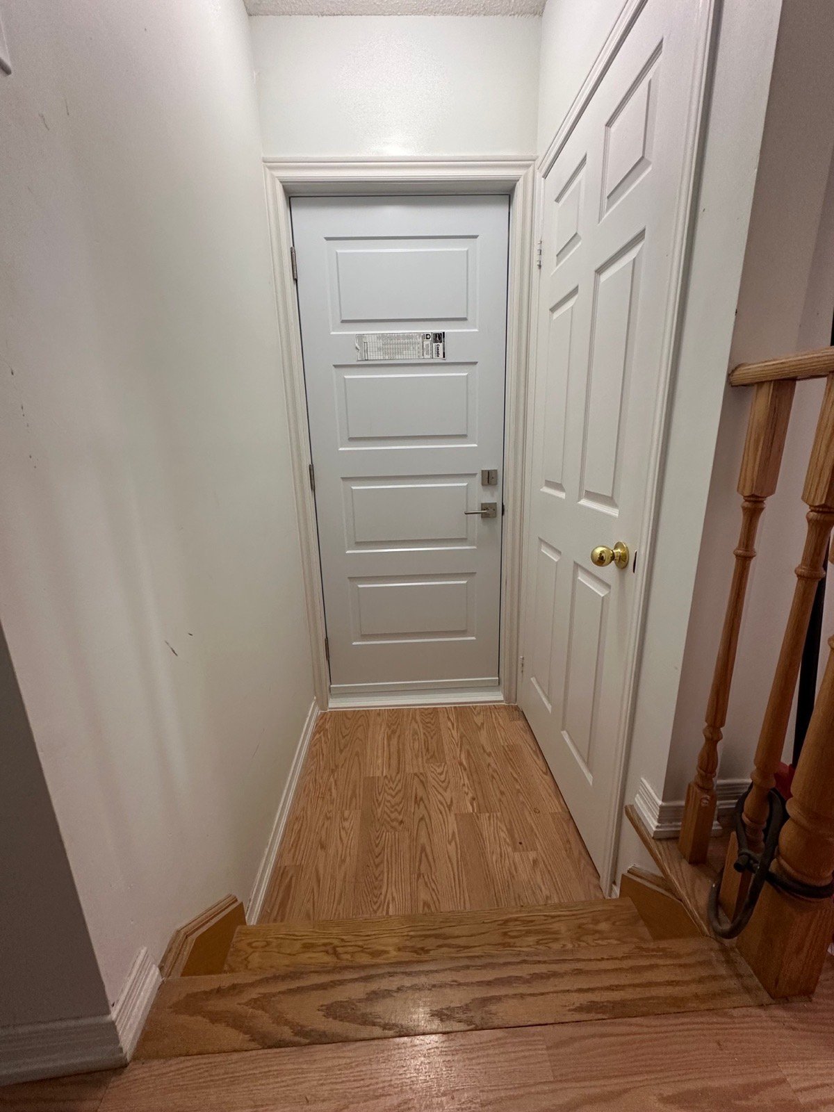 New white steel side entrance viewed from inside the basement